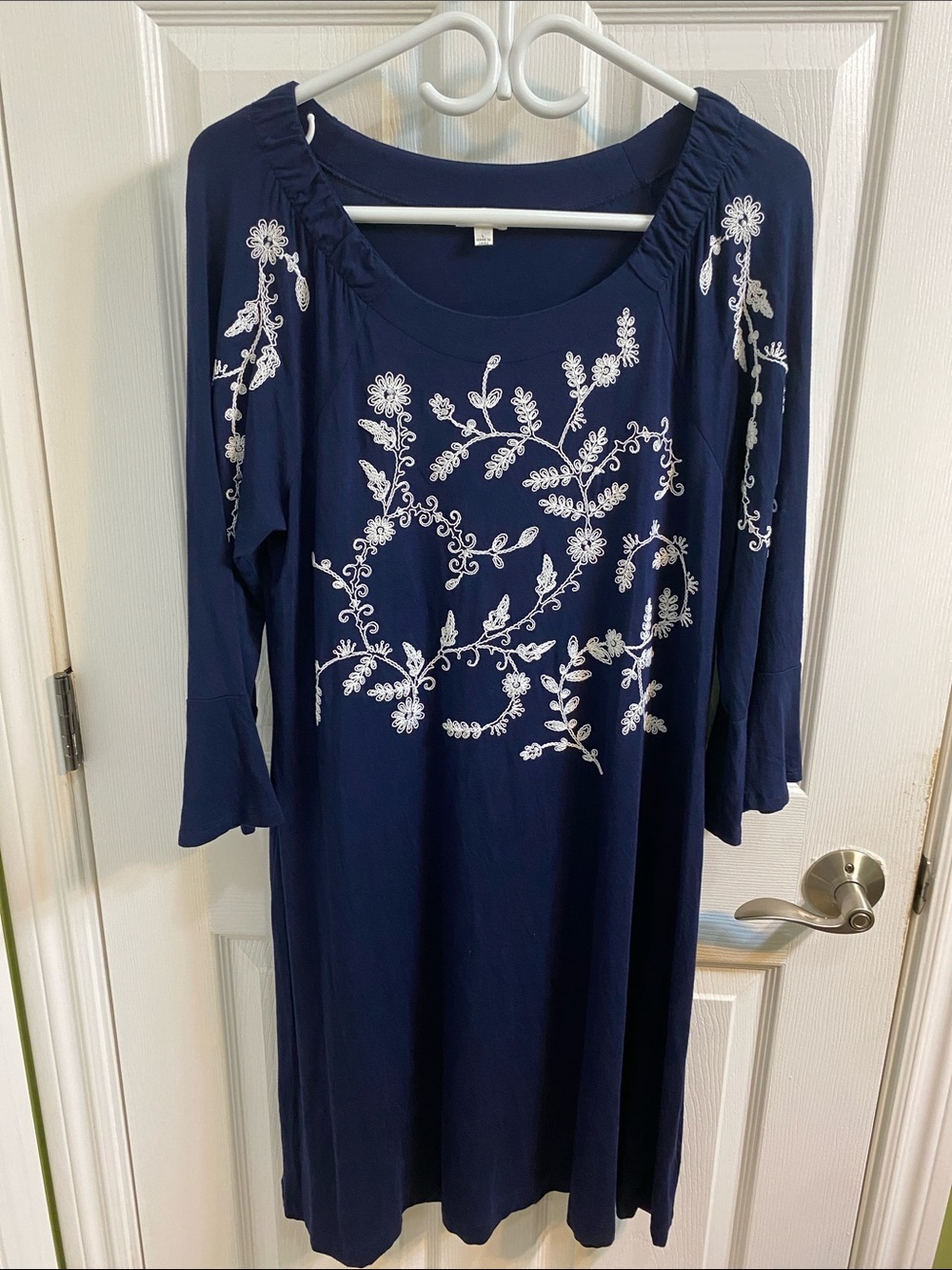 Spense Embroidery Long Flare Sleeve Statement Dress Navy Blue Womens Size Large